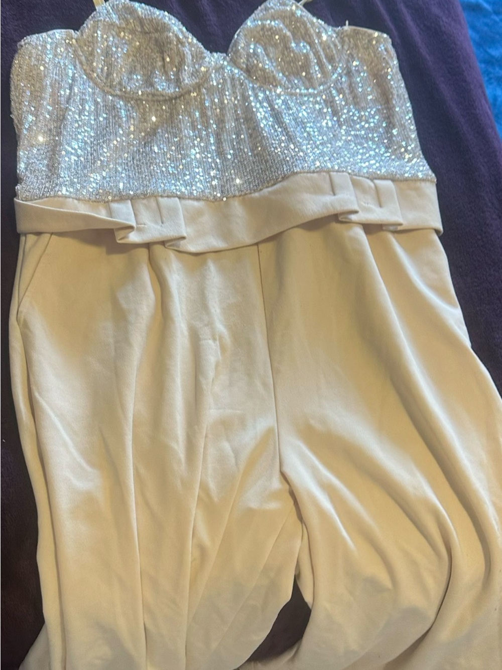 Fashion Nova Cream Jumpsuit with Silver Sequin Bustier